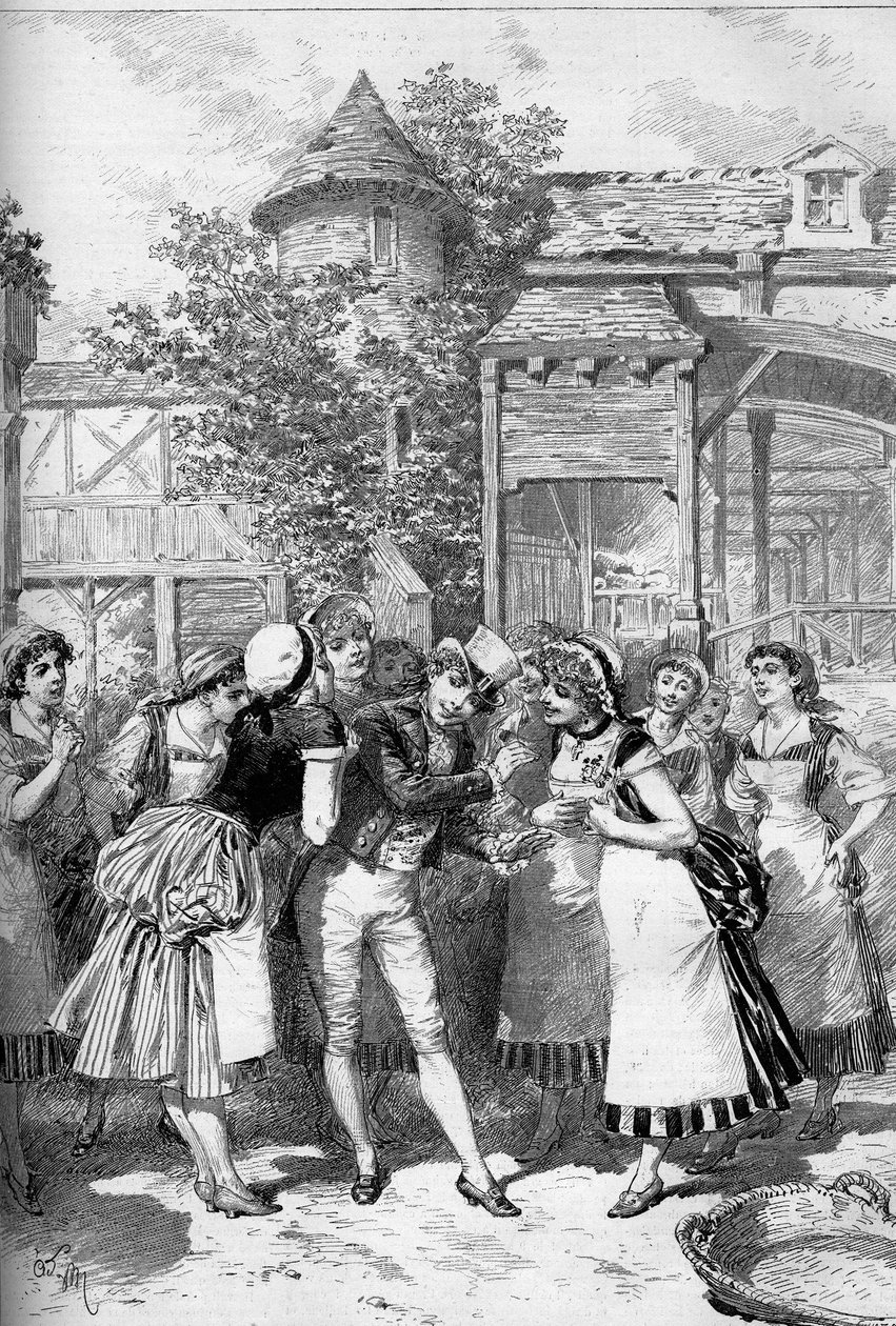O belo Nicolas rodeado pelas meninas da aldeia. Juliette Simon-Girard (Simon Girard) (1859-1959) no papel de Nicolas para a ópera "Le beau Nicolas" (Acto II) depois de um libreto de Eugene Leterrier (1843-1884), Albert Vanloo (1846-1920) e um de Adrien Emmanuel Marie