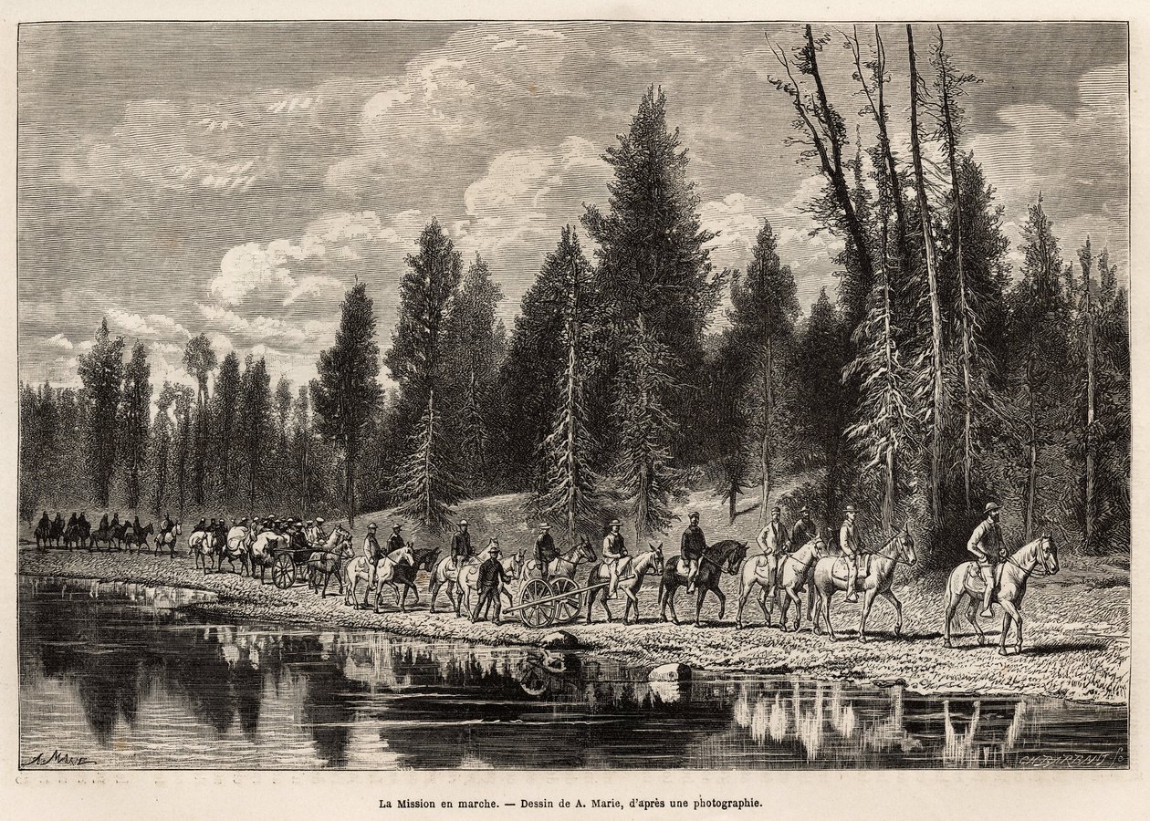 Toda a missão geográfica, a caminho do Monte Hayden, ao longo do rio Henri, gravada após o desenho de A. Marie, ilustrando um conjunto de missões geográficas através do Parque Nacional dos Estados Unidos, de 1870 a 1872, pelos senhores Hayden, Doane e Lang de Adrien Emmanuel Marie