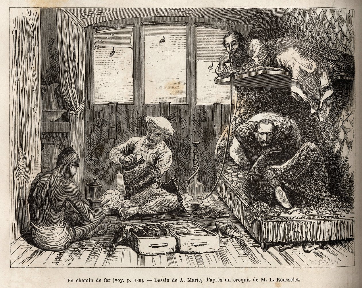 O interior de um vagão-cama dos caminhos-de-ferro das Índias Orientais, na rota para Azimgange, num compartimento grande, num cais amovível e num lavatório, bem como o pessoal do vagão que supervisiona o conforto dos passageiros, disponível para encerar bo de Adrien Emmanuel Marie