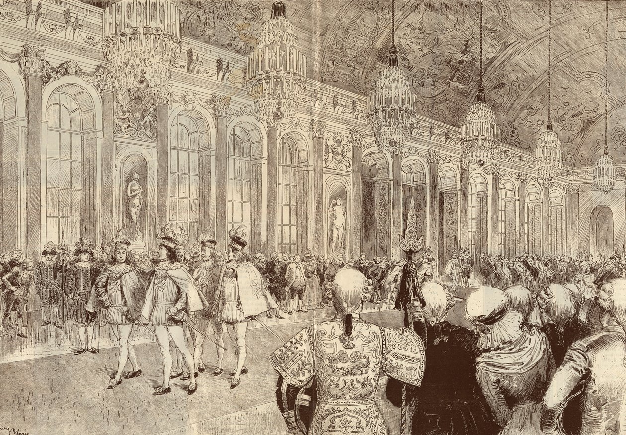 A procissão dos cavaleiros da Ordem do Espírito Santo (Espírito Santo) na galeria de gelo do castelo de Versalhes, no dia de Pentecoot, em 1789. Desenho de Adrien Marie, de 1889. de Adrien Emmanuel Marie