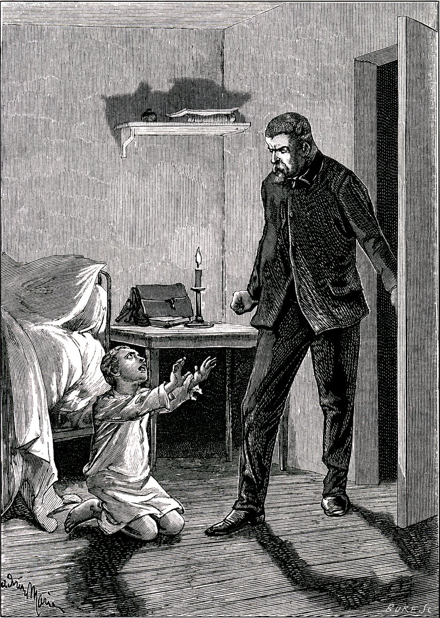 A criança espiã: Uma criança se joga aos pés do pai com raiva para pedir perdão (água forte de Adrien Emmanuel Marie