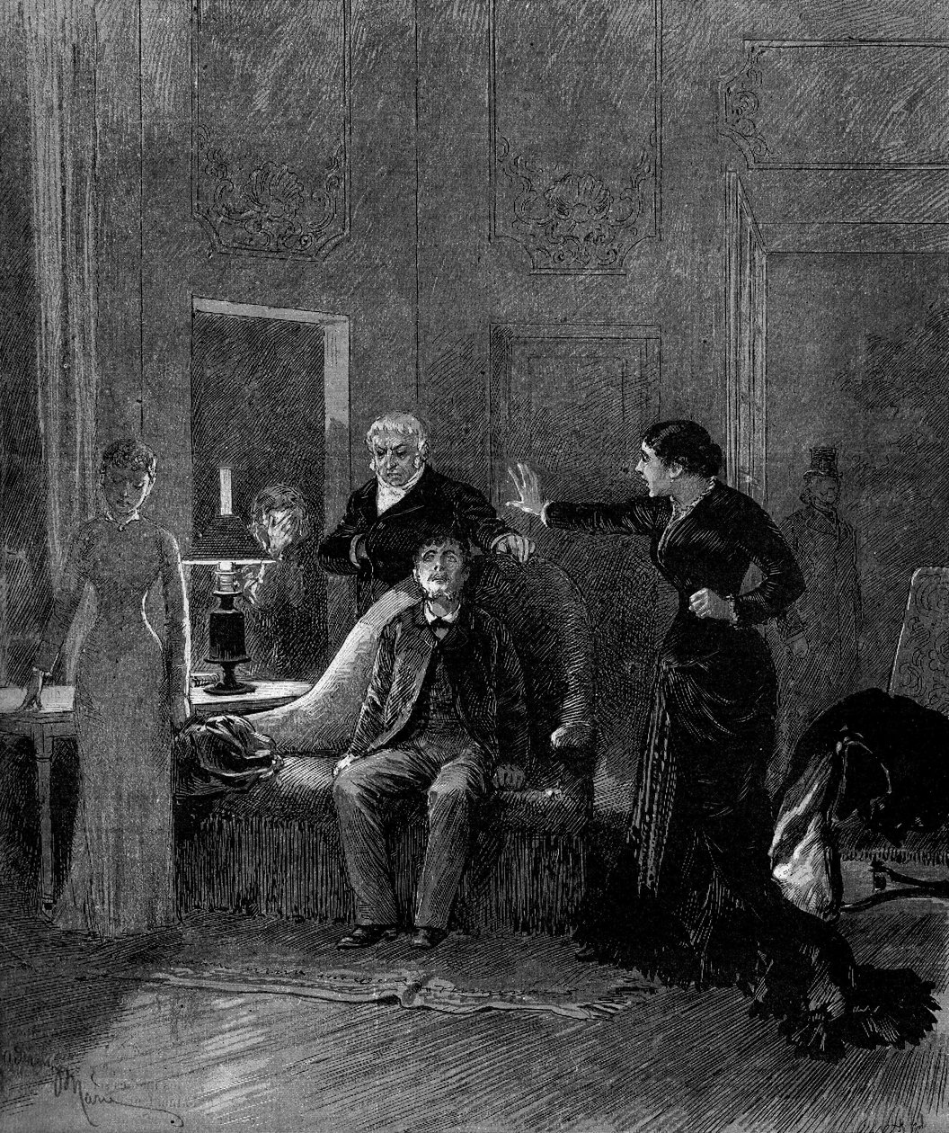 Representação teatral: 5º acto de "Jack" de Alphonse Daudet (1840-1897) e H. Lafontaine com Miss Sisos (Cecile), M. Porel (Dr. Rivals), M. Chelles (Jack), Miss Montaland (Ida de Barancy). Paris, teatro de l