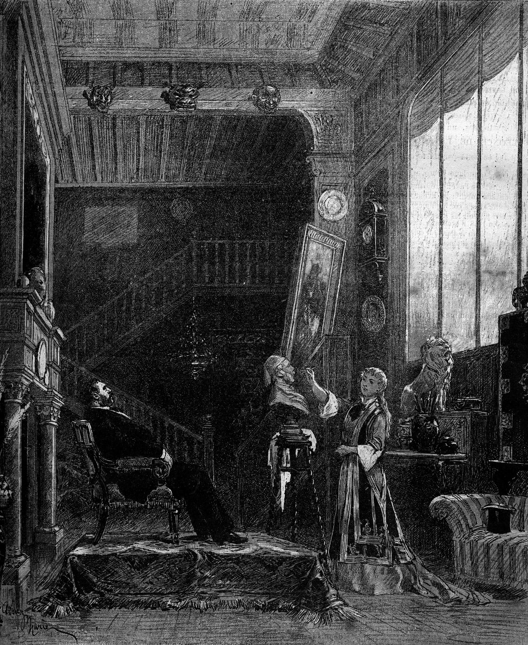 Representação teatral: "Le nababab" de Alphonse Daudet (1840-1897) e Pierre Elzear com Blanche Pierson (1842-1919) (Felicia Ruys) e Adolphe Dupuis (1824-1891) (Jansoulet). Paris, Teatro du Vaudeville de Adrien Emmanuel Marie