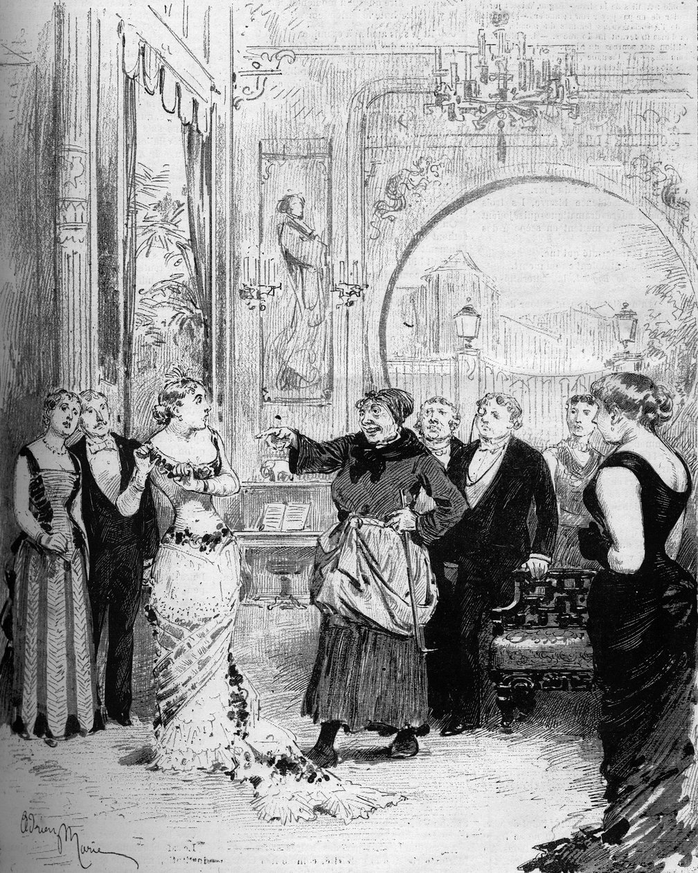 Representação teatral: "Nana" de William Busnach (1832-1907) depois de Emile Zola (1840-1902) com Louise Massin (1847-1901) (Nana) e Melle Honorine (Pomare). Paris, Teatro de l