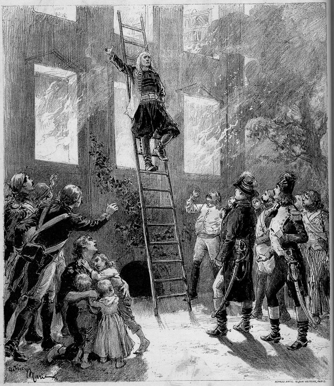 Representação teatral: "Noventa e três" ("Noventa e três") de Paul Meurice (1818-1905) de Victor Hugo (1802-1885). O fogo do Tourgue (10º quadro): o Marquês de Lantenac, depois de salvar a vida das crianças do Flecharde, entrega-se a de Adrien Emmanuel Marie