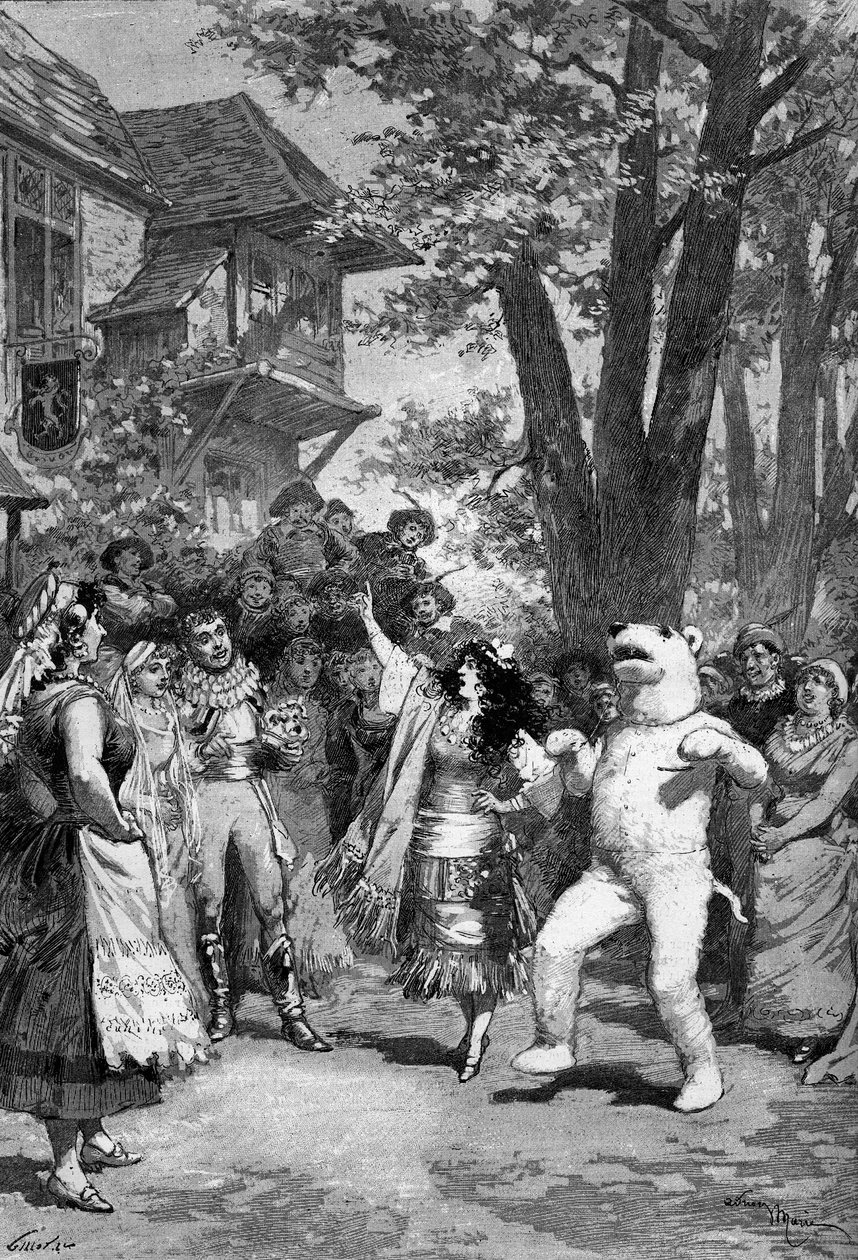 Representação teatral: "A Árvore de Natal" de Eugene Letterier (1843-1884), Albert Vanloo (1846-1920) e Arnold Mortier (1843-1885). Pintura do lutador de ursos com Zulma Bouffar (Madeleine Boufflar de Adrien Emmanuel Marie