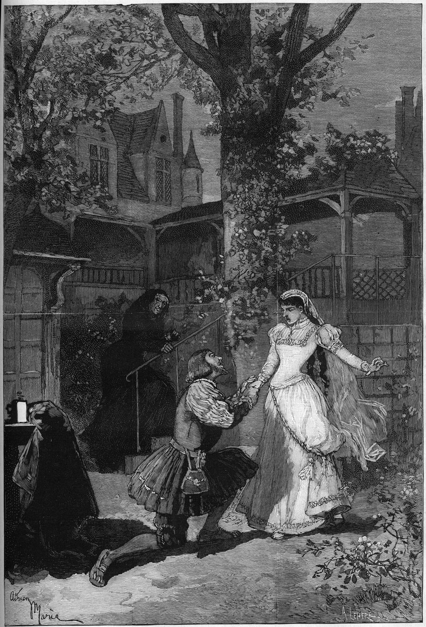 Representação teatral: "O Rei diverte-se" de Victor Hugo (1808-1883). Acto II cena 5: a casa de Triboulet, Rei François 1 (Mounet Sully (ou Mounet Sully) 1841-1916) aos pés de Blanche (Julia Bartet de Adrien Emmanuel Marie