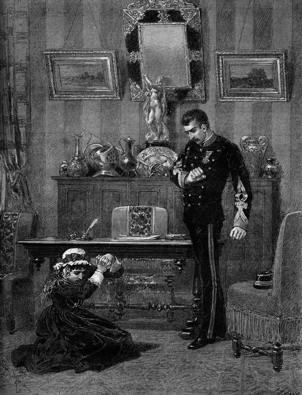Representação teatral: "O filho de Coralie" de Albert Delpit (1849-1893) com Aimee Jeanne Tessandier (1851-1923) (Coralie) e Lucien Guitry (1860-1925) (Daniel). Paris, Teatro du Gymnasium de Adrien Emmanuel Marie