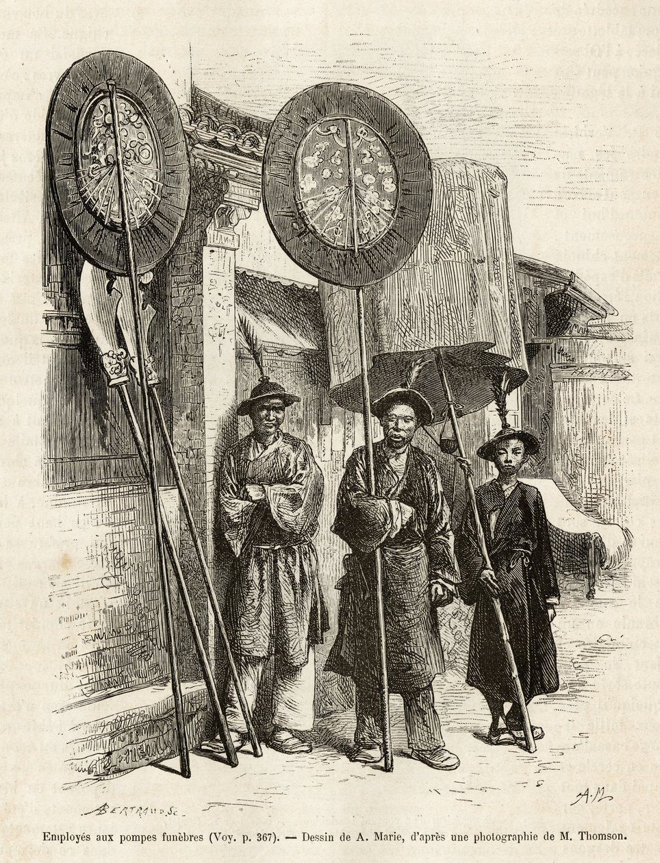 Três agentes funerários em Pekin. Gravura depois do desenho de A. Marie, para ilustrar a viagem a Pequim e ao Norte da China, de T. Choutze, em 1873, publicado em "Le tour du monde" 1876, editado por Edouard Charton, edição Hachette, Paris. Coleção Selva. de Adrien Emmanuel Marie