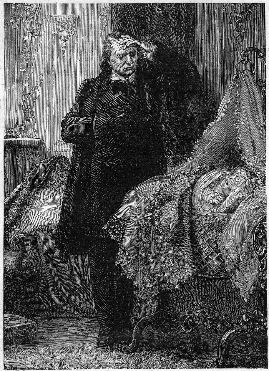 Victor Hugo a observar uma criança a dormir no seu berço. Ilustração da "História de um Crime" de Victor Hugo (1802-1885). Ilustração de M. A. Marie de Adrien Emmanuel Marie