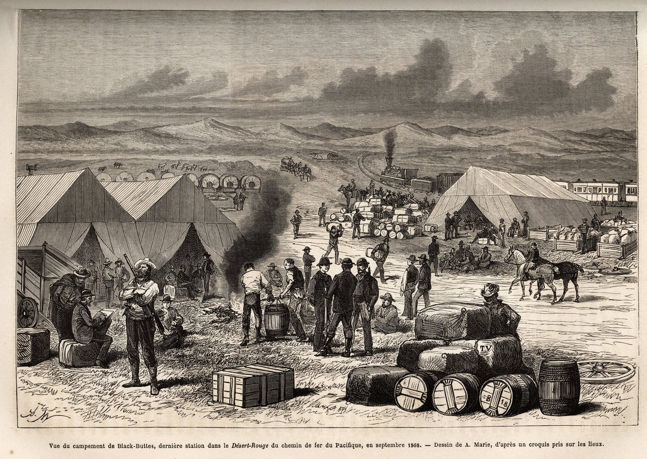 Vista do acampamento Black Buttes, última estação no deserto vermelho (deserto Mojave) da ferrovia do Pacífico, em setembro de 1868, gravada após o desenho de A.Marie, ilustrando a viagem de Washington a São Francisco, em 1868, por L. Simonin, publicada em de Adrien Emmanuel Marie