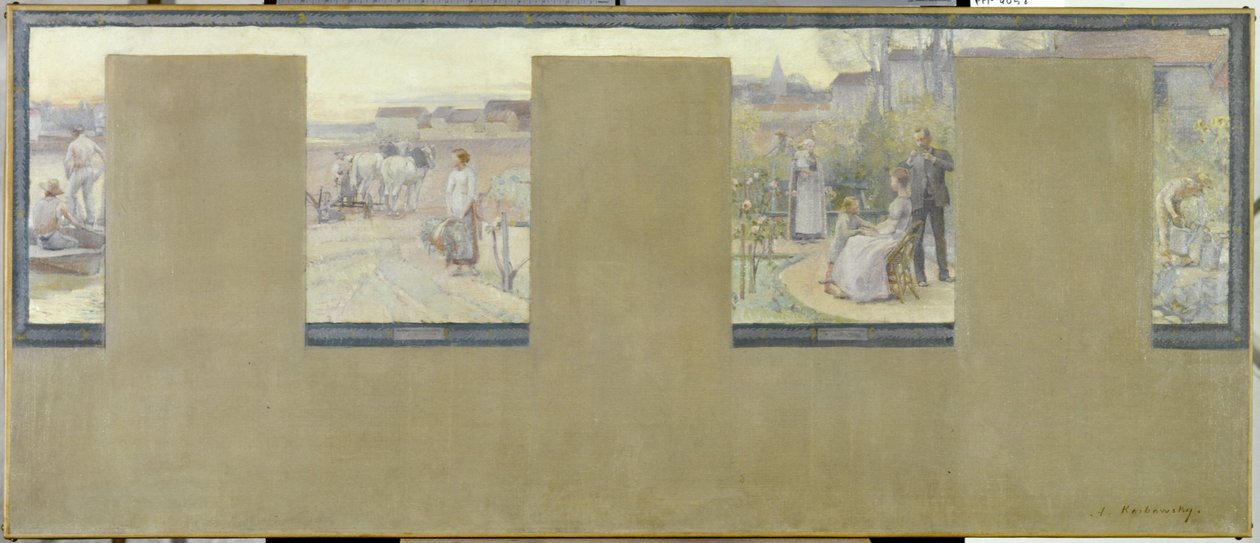 Esboço para a Câmara Municipal de Nogent-sur-Marne: Le canotage - le labourage - la villégiature - le jardinage, em 1889 (óleo sobre tela (armadura)) de Adrien Karbowsky