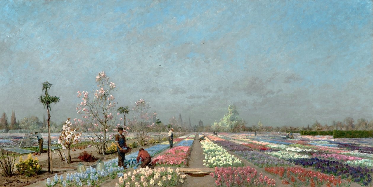 O Hyacinth Fields em flor no Van Houtte Nursery, Ghent com vista para a Igreja de São Nicolau, o Campanário e a Catedral de Saint Bavo além, 1883 de Adrien Louis Demont