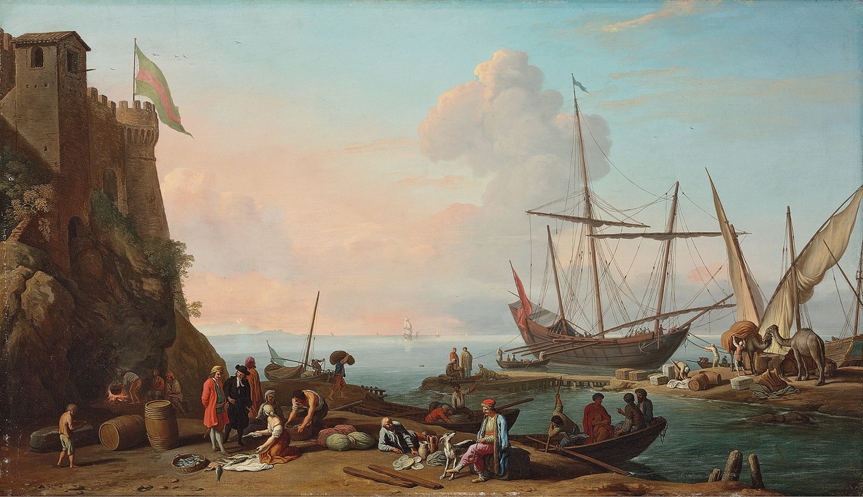 Um porto mediterrâneo com estivadores descarregando seus navios, figuras vendendo peixe em primeiro plano por uma fortaleza de Adrien Manglard