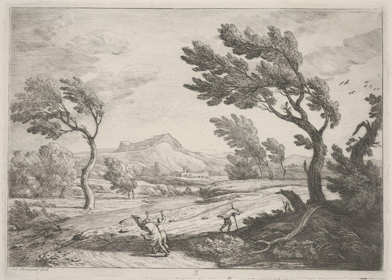 Paisagem com viajantes em um vento forte, c.1753 (gravura) de Adrien Manglard