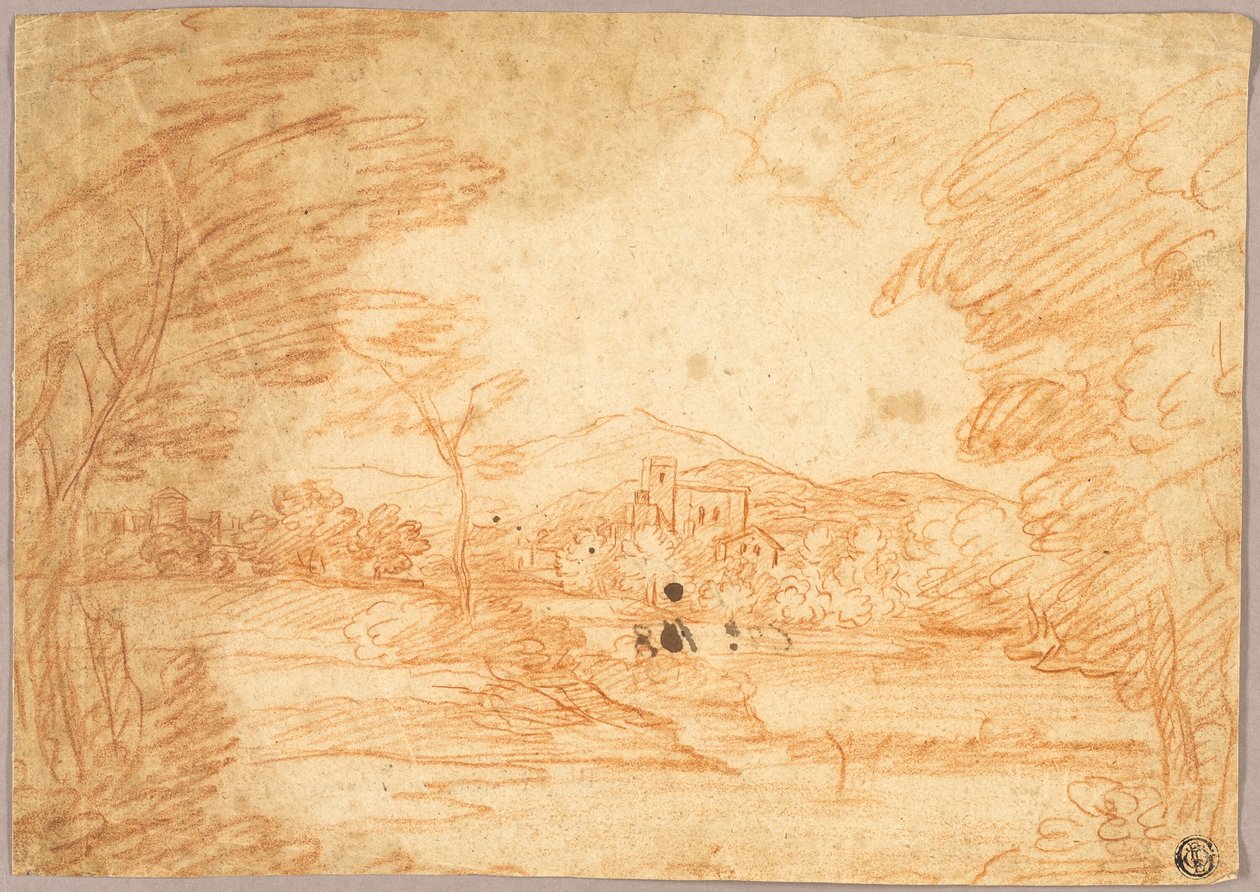 Paisagem fluvial com edifícios de Adrien Manglard