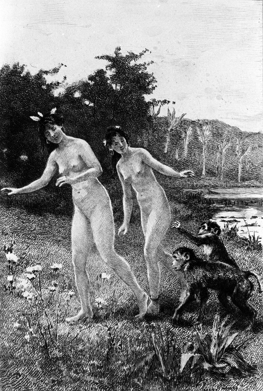 Gravura de Adrien Moreau (1843-1906) ilustrando "Candide" de François Marie Arouet dit Voltaire (1694-1778). de Adrien Moreau