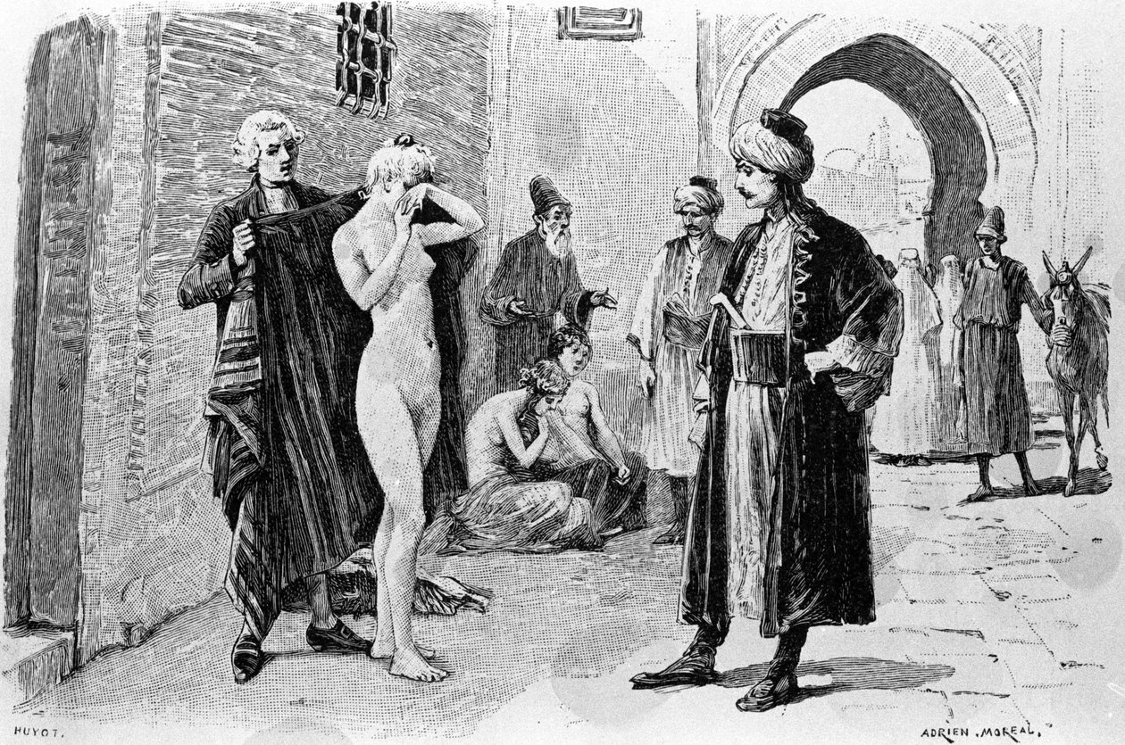 Gravura de Adrien Moreau (1843-1906) ilustrando "Candide" de François Marie Arouet dit Voltaire (1694-1778). de Adrien Moreau