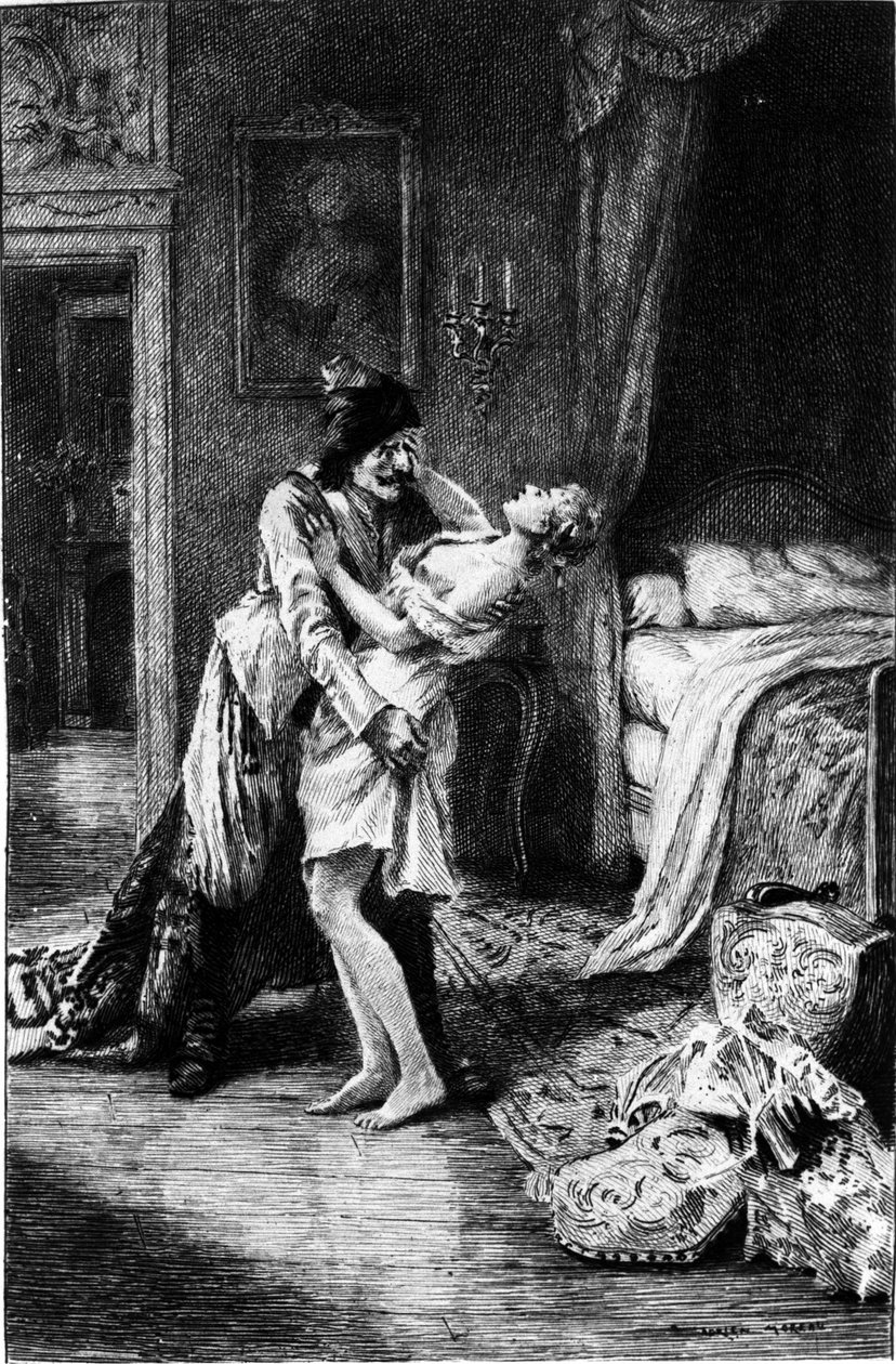 Gravura de Adrien Moreau (1843-1906) ilustrando "Candide" de François Marie Arouet dit Voltaire (1694-1778). de Adrien Moreau