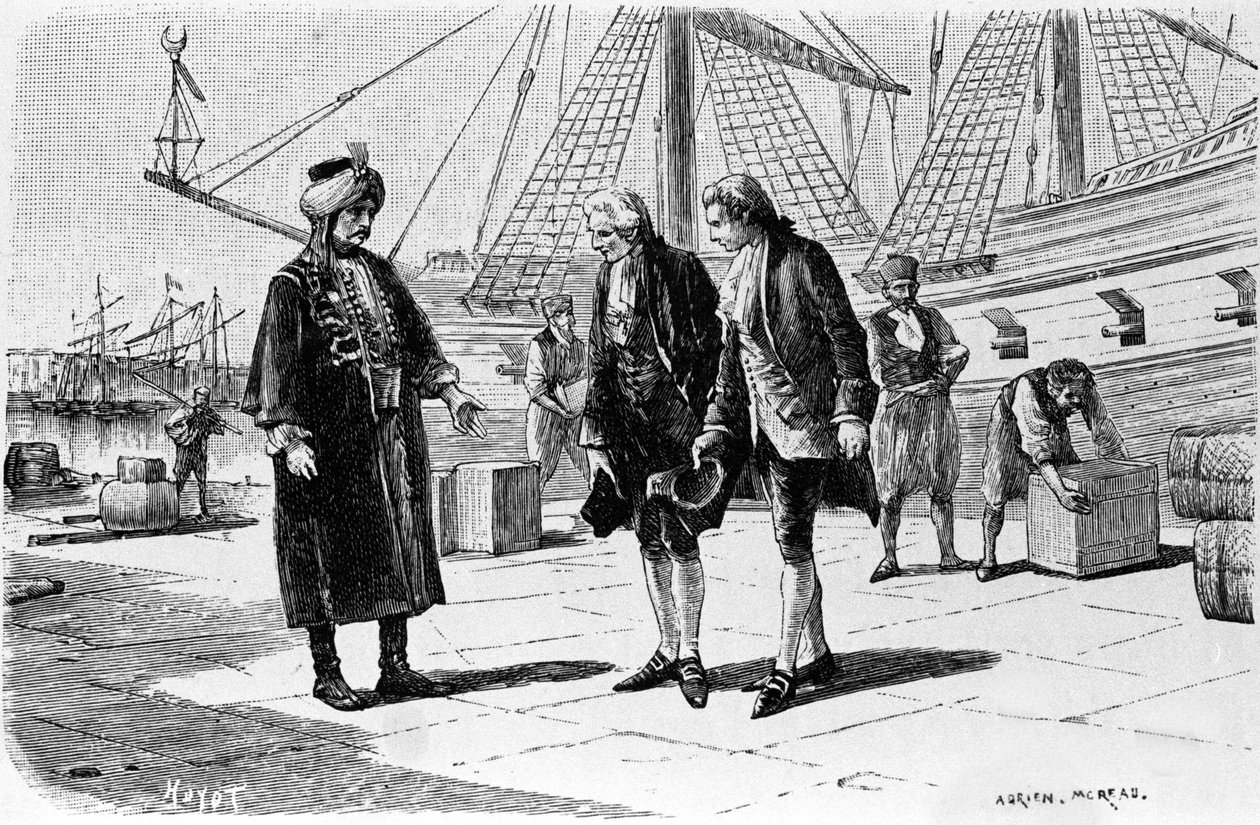 Gravura de Adrien Moreau (1843-1906) ilustrando "Candide" de François Marie Arouet dit Voltaire (1694-1778). de Adrien Moreau