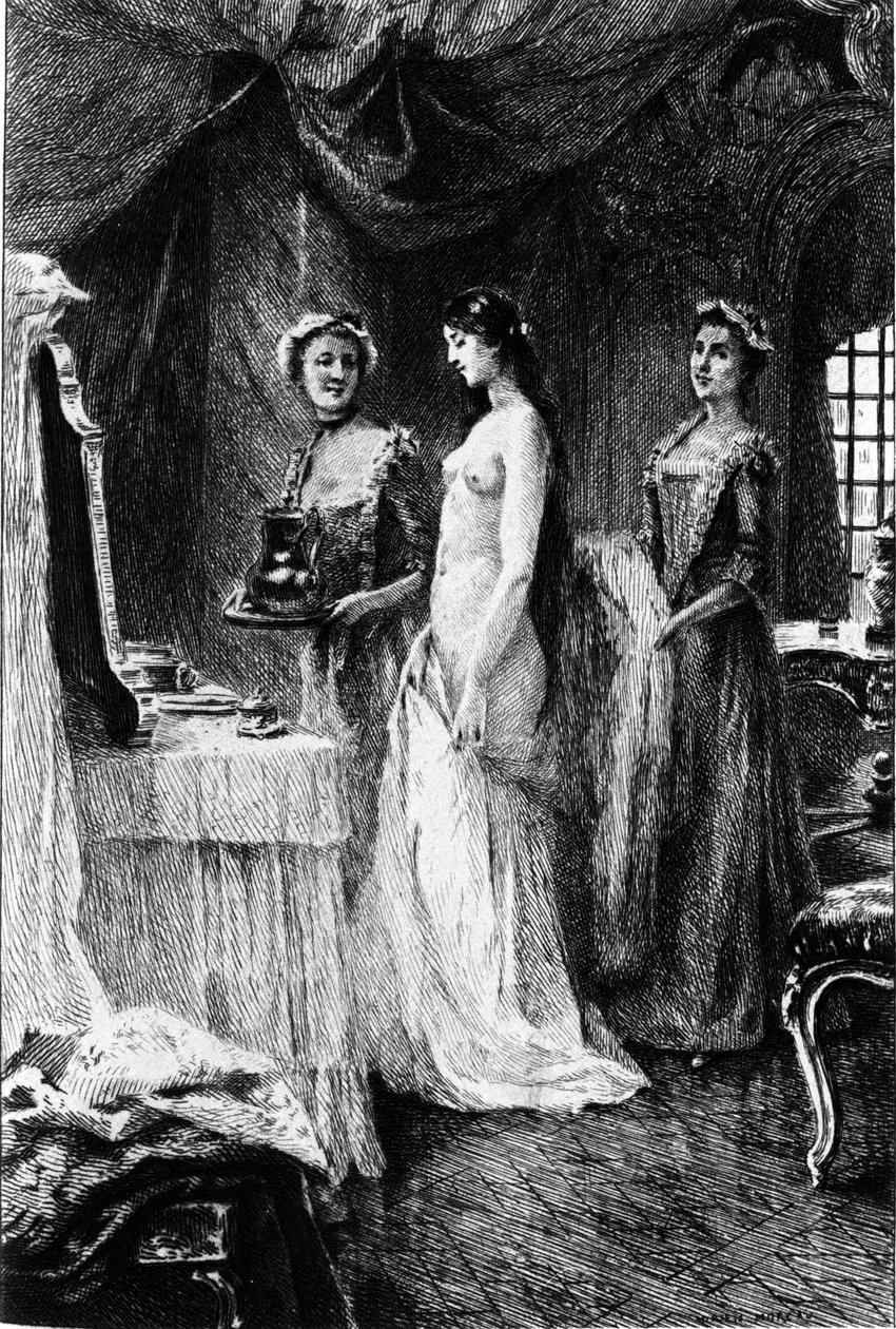Gravura de Adrien Moreau (1843-1906) ilustrando "Candide" de François Marie Arouet dit Voltaire (1694-1778). de Adrien Moreau