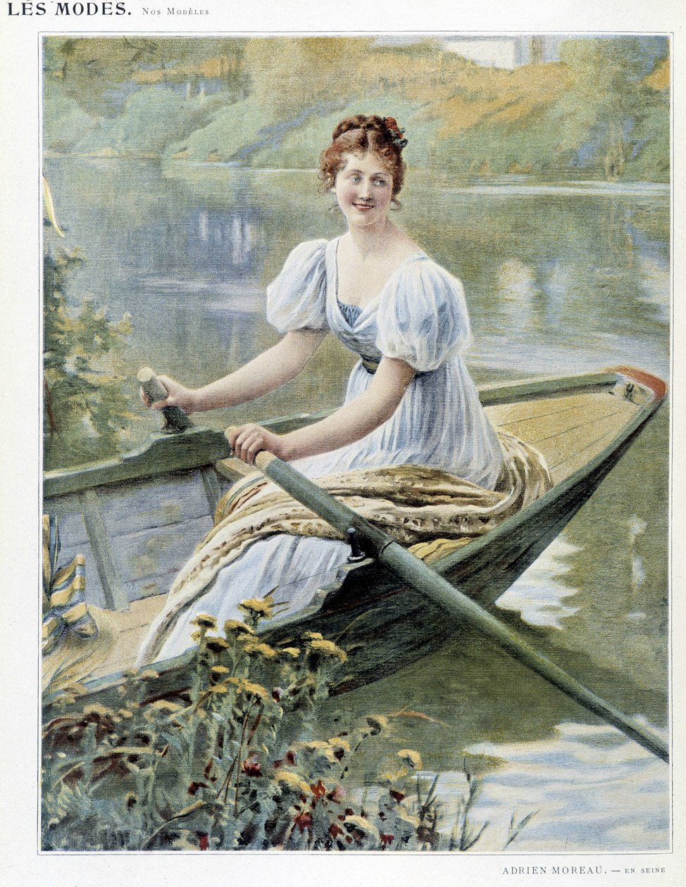 Mulher a fazer um barco no Sena - doente. por Adrien Moreau, c. 1900 de Adrien Moreau