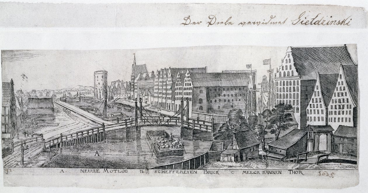 Celeiro em Gdansk, na ilustração Maltawa Rio de 9 a partir da lista, lugares e edifícios praecipuorum na Cidade dantiscanus Visuntur adumbratio &39;(gravura a água forte sobre papel absorvente) de Aegidius Dickmann