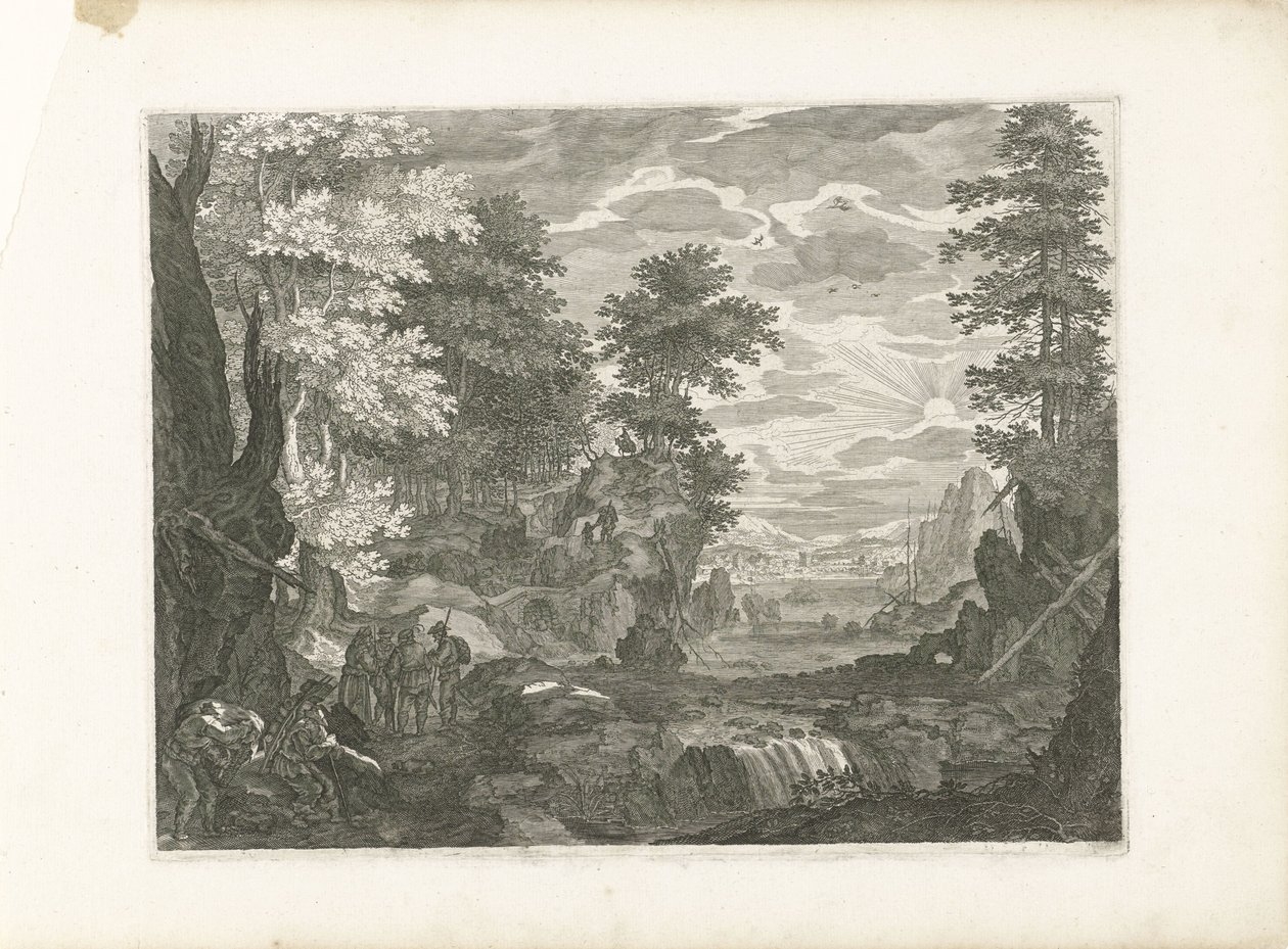 Queda de água com uma cidade ao fundo
Quatro paisagens na Boémia (título da série) de Aegidius Sadeler (II) (attributed to)
