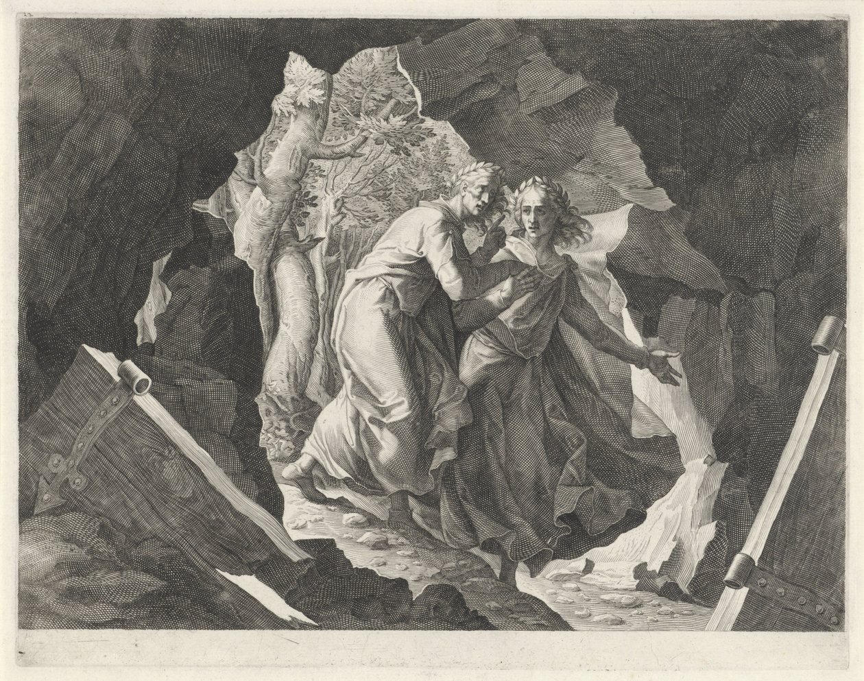 Dante e Virgil entram no inferno através de um portão de Egidius  Sadeler (II)