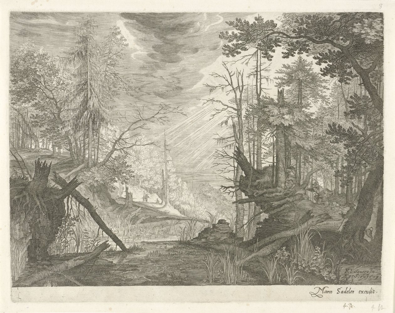 Três caçadores junto a um rio numa floresta
Paisagens de montanha do Tirol (título da série) de Egidius  Sadeler (II)