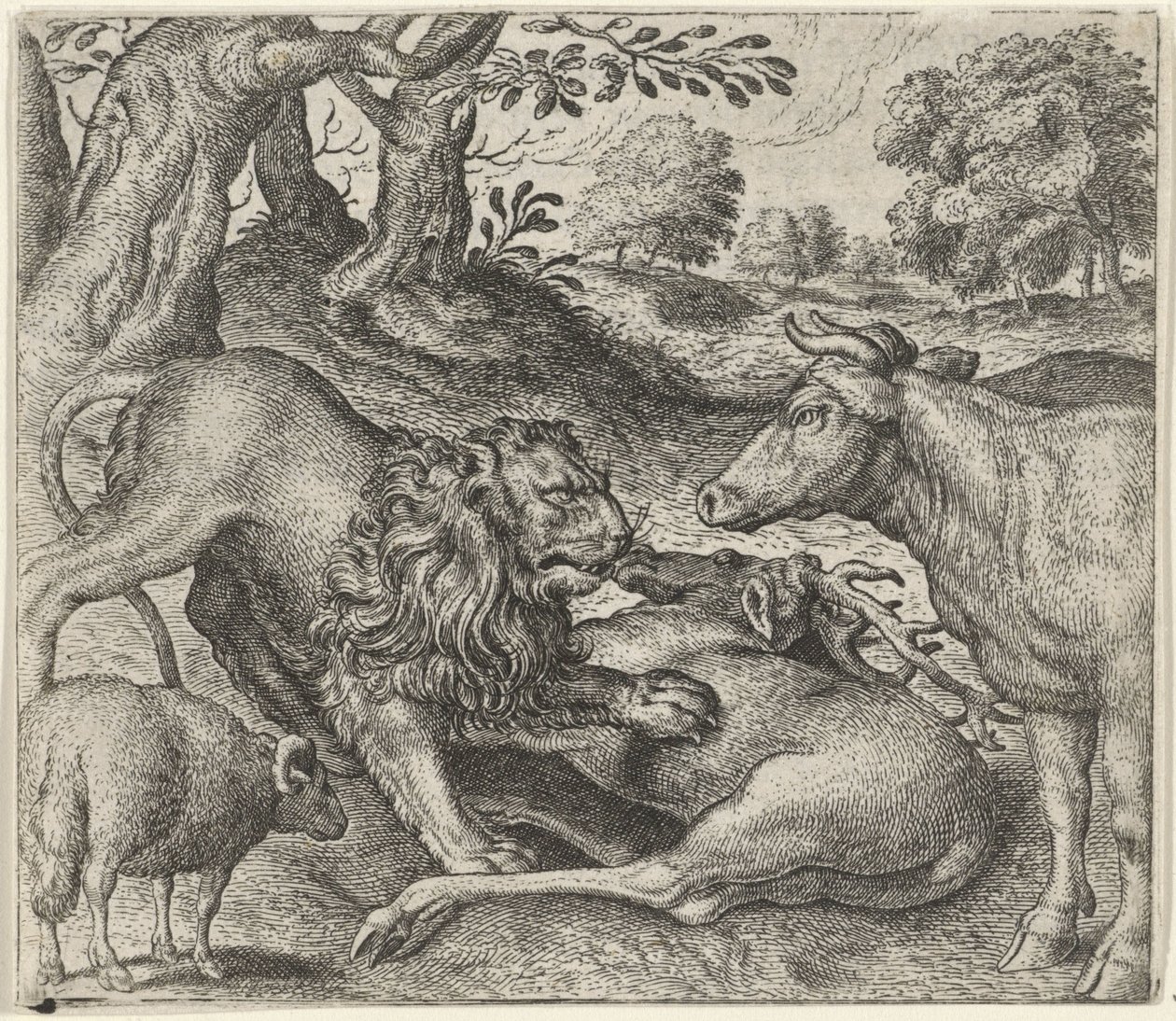 Fábula do leão, da vaca e das ovelhas na caça de Egidius  Sadeler (II)