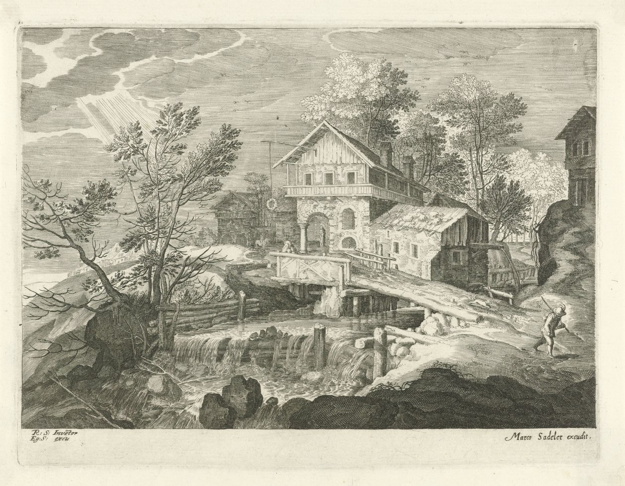 Pousada e algumas casas por uma ponte Paisagens do Tirol (título da série) de Egidius  Sadeler (II)