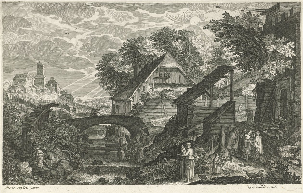 Casas ao lado de um rio Oito paisagens da Boêmia (título da série) de Egidius  Sadeler (II)