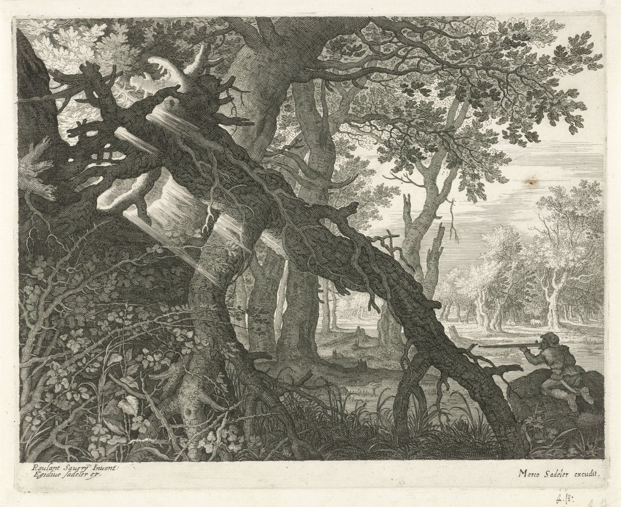 Caça ao coelho em uma paisagem florestal Seis paisagens (título da série) de Egidius  Sadeler (II)
