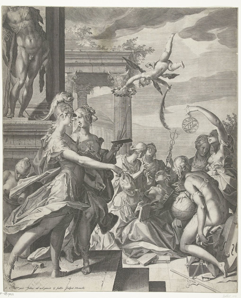 Minerva acompanha a pintura ao seu lugar com as ciências de Egidius  Sadeler (II)