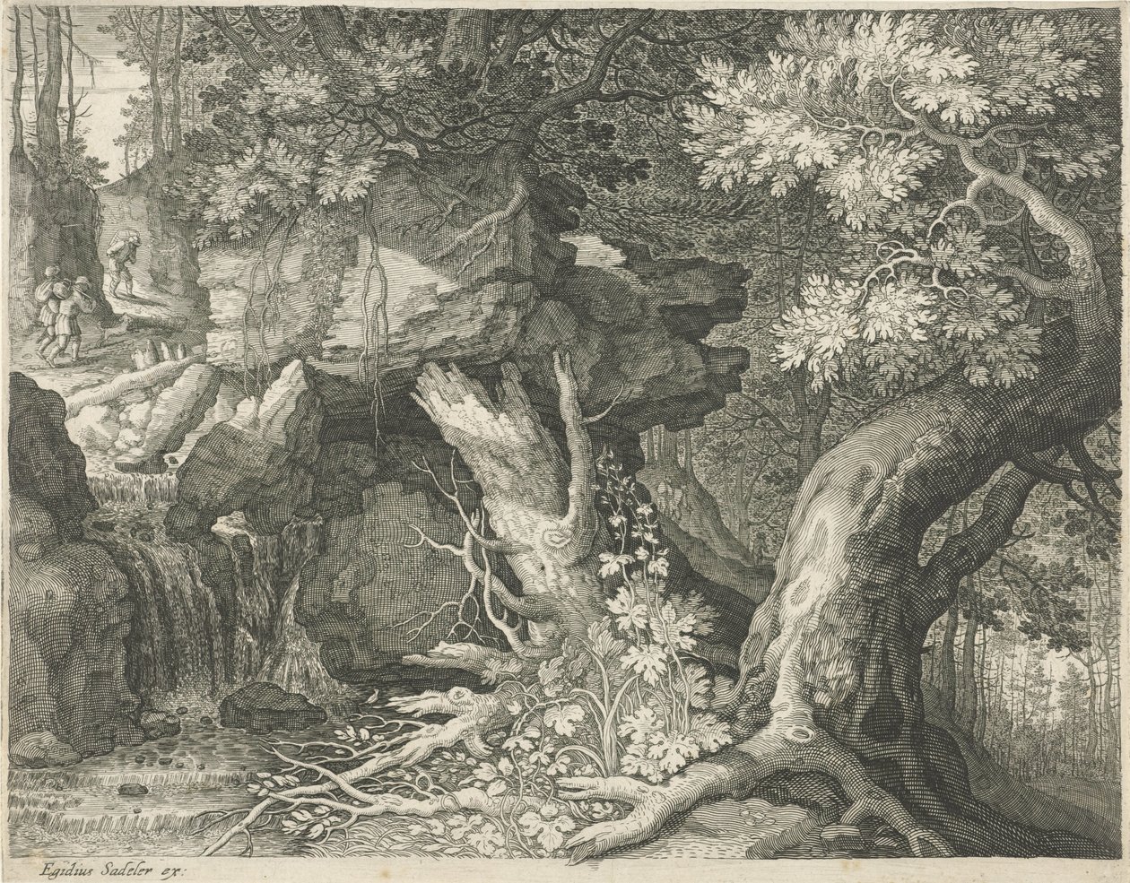 Viajantes acima de uma cachoeira Seis paisagens (título da série) de Egidius  Sadeler (II)