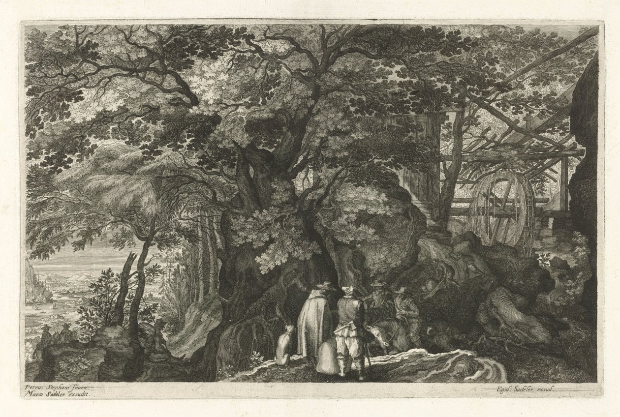 Rio com pedras e um moinho de água Oito paisagens da Boêmia (título da série) de Egidius  Sadeler (II)