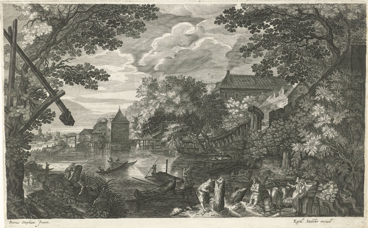 Paisagem fluvial com pescadores e operários
Oito paisagens na Boémia (título da série) de Egidius  Sadeler (II)