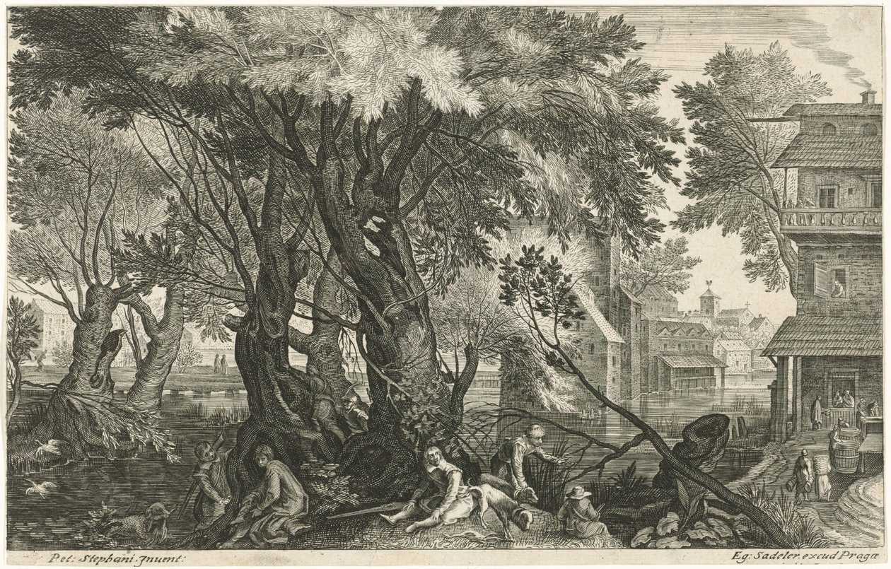 Caçadores em repouso perto de um grupo de árvores
Oito paisagens da Boémia (título da série) de Egidius  Sadeler (II)