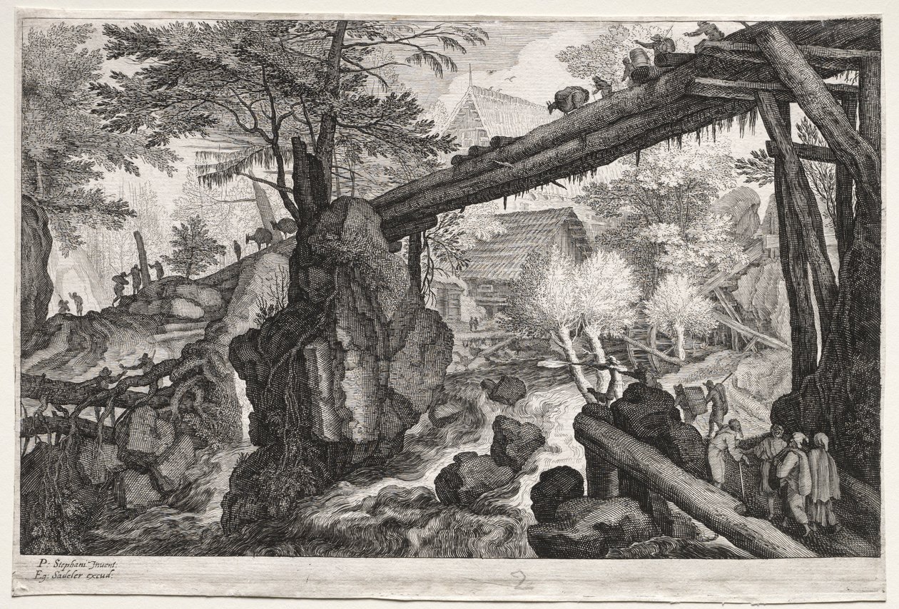 Oito paisagens boêmias: paisagem com ponte sobre a catarata, c. 1610-1615. de Aegidius Sadeler or Saedeler