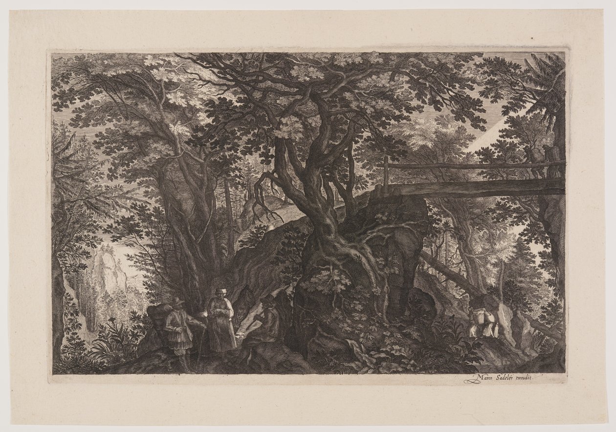 Uma floresta com uma ponte de madeira à direita, de Oito cenas da Boémia de Aegidius Sadeler II