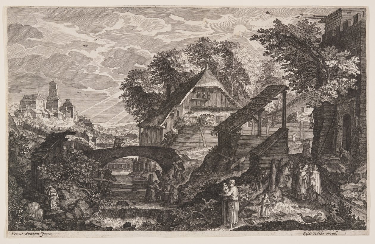 Casas de campo à direita de um rio, de Oito cenas da Boémia de Aegidius Sadeler II
