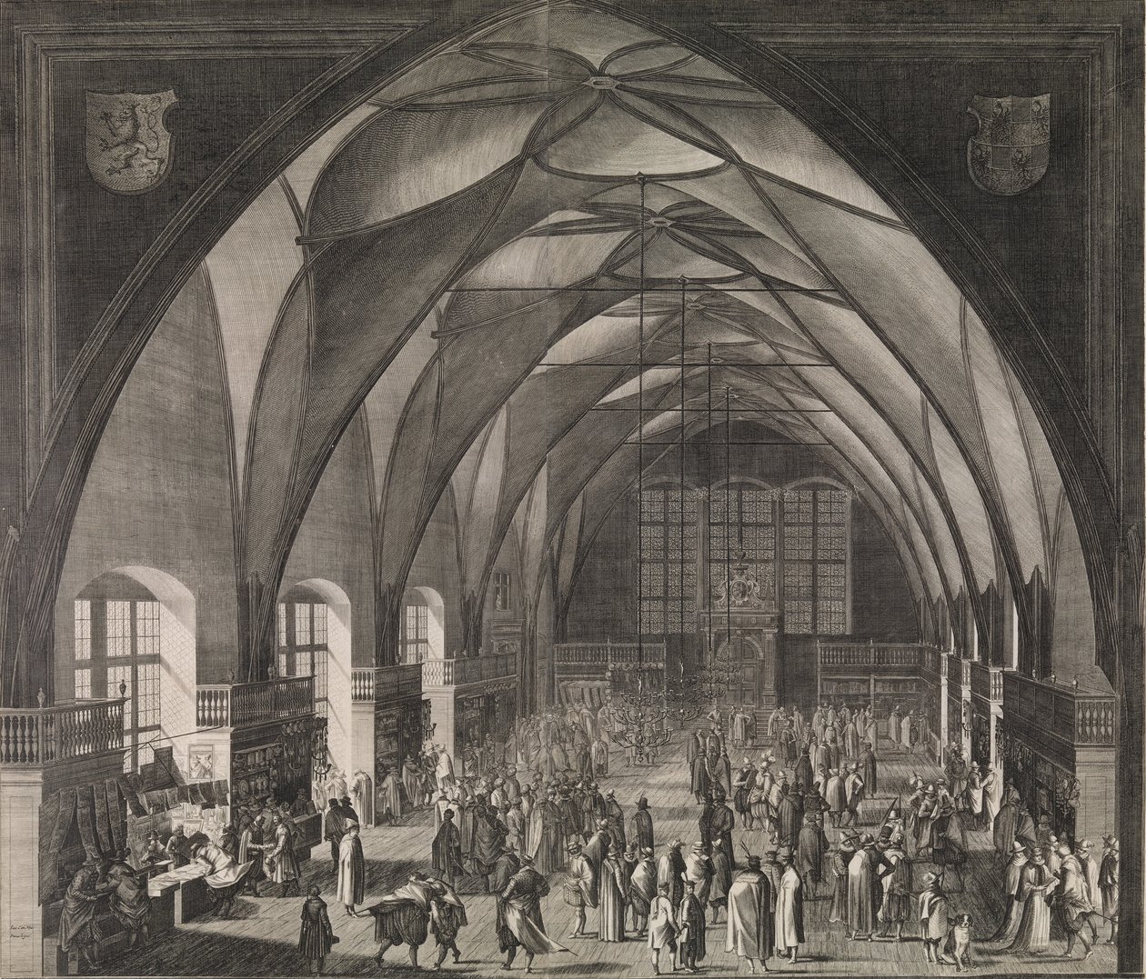 Vista interior do Vladislav Hall no Castelo de Praga durante a Feira Anual, 1607., 1607. de Aegidius Sadeler II