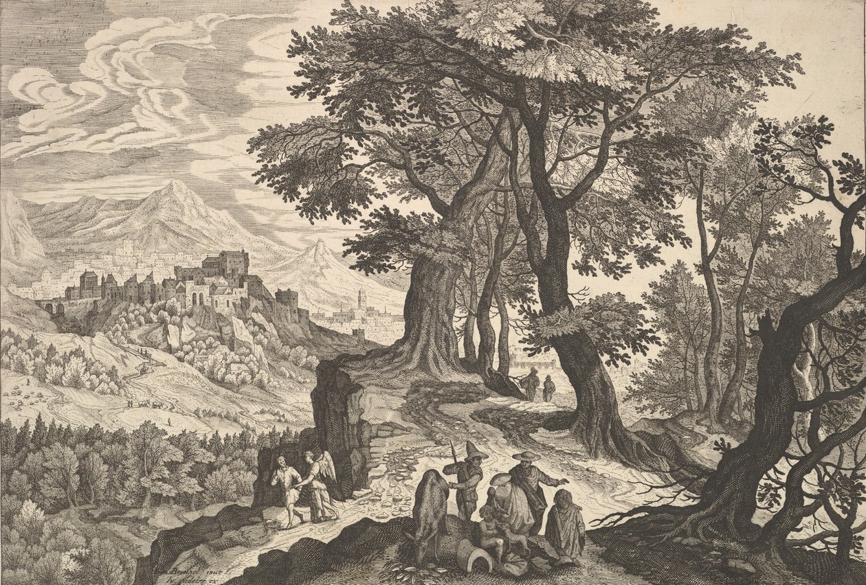 Paisagem com Tobias e o anjo e ciganos. de Aegidius Sadeler II