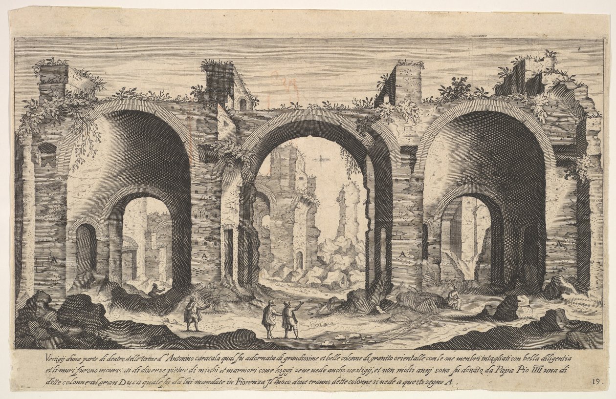 Ilustração 19: vista dos banhos de Caracalla, indicando com letra A inscrita os lugares ..., 1606. de Aegidius Sadeler II