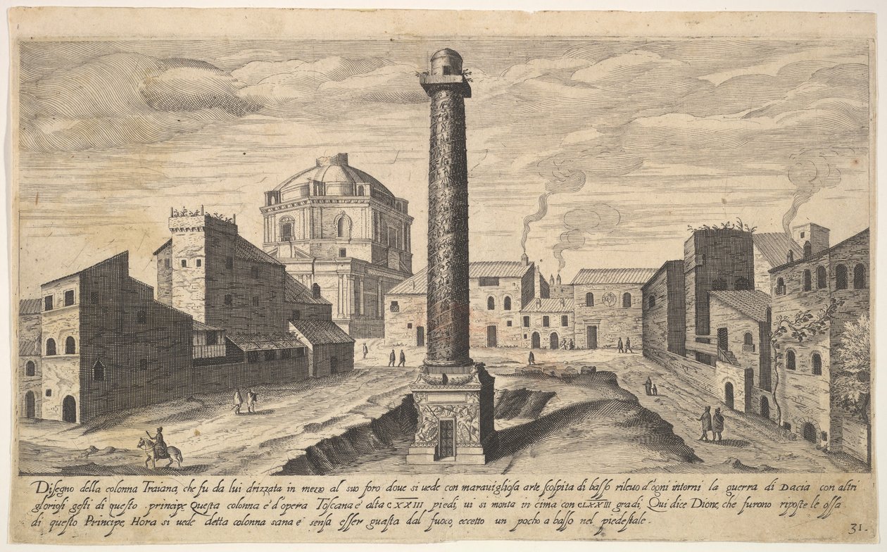Ilustração 31: vista da coluna de Trajano, mostrada com seu pedestal escavado na terra, su ..., 1606. de Aegidius Sadeler II