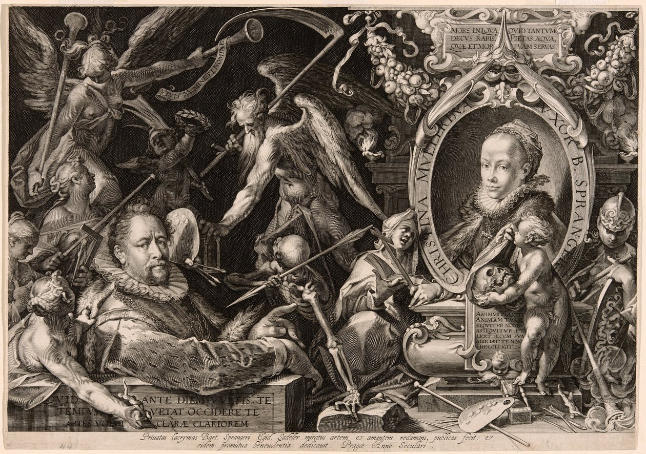 Retrato de Bartolomaeus Spranger com uma alegoria da morte da sua mulher, Christina Müller de Aegidius Sadeler II