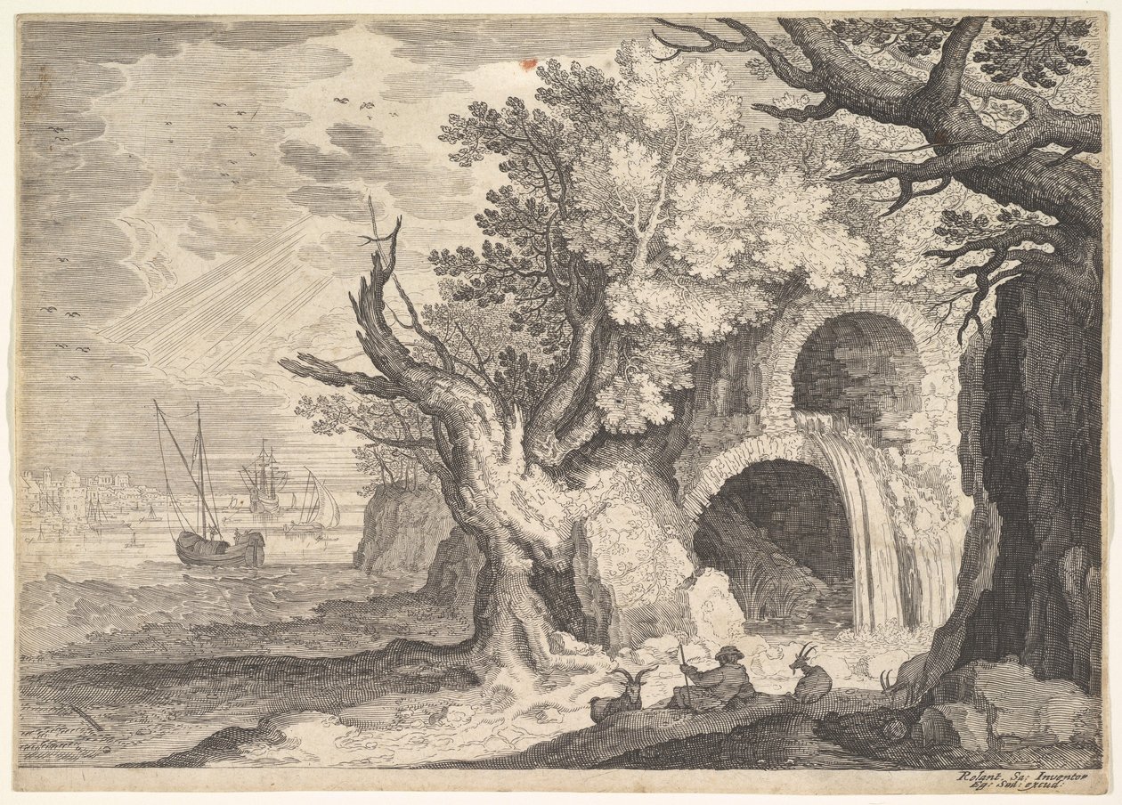 Aqueduto em ruínas com água derramando dele para um riacho abaixo, navios no mar além, a ..., ca. 1600 de Aegidius Sadeler II