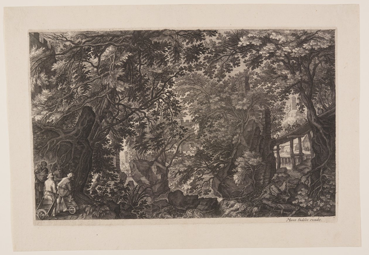 Oitava cena: Uma floresta com uma ponte de madeira, de Eight Scenes from Bohemia de Aegidius Sadeler II