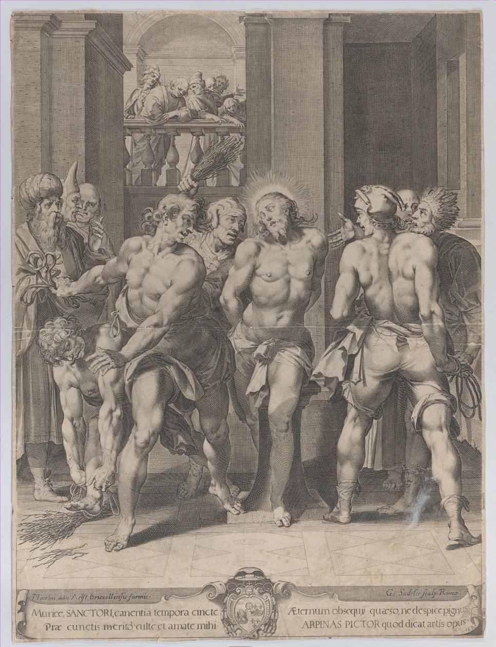 A Flagelação de Cristo, com açoites de cada lado e figuras assistindo de uma varanda..., 1593. de Aegidius Sadeler II